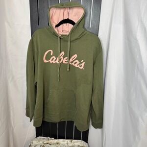 Cabelas Green hoodie with pink lettering and pink internal hood women's size XL